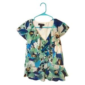 signature by robbie bee blue floral blouse top shirt women's size 8P petite